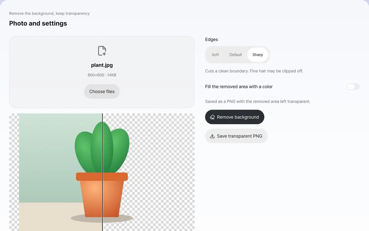3. Compare before and after, then save a transparent PNG