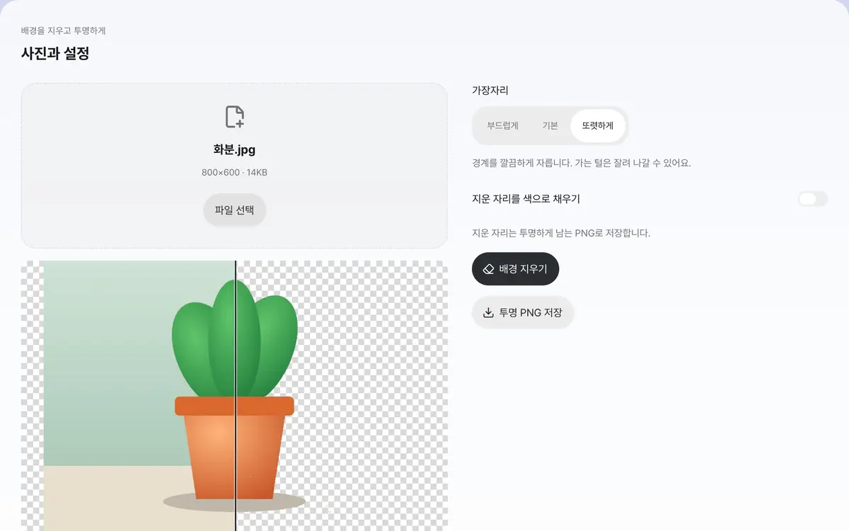 3. 전후를 비교하고 투명 PNG로 저장하세요