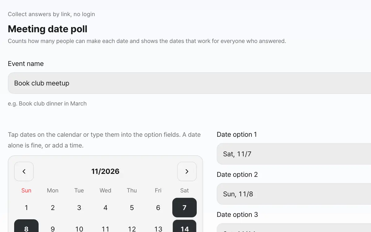 1. Enter the event name and the dates to choose from