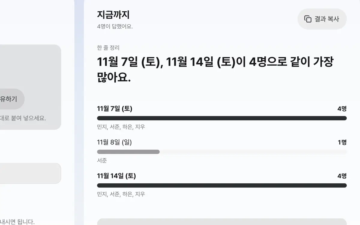 3. 날짜별 인원과 모두 되는 날을 확인하세요