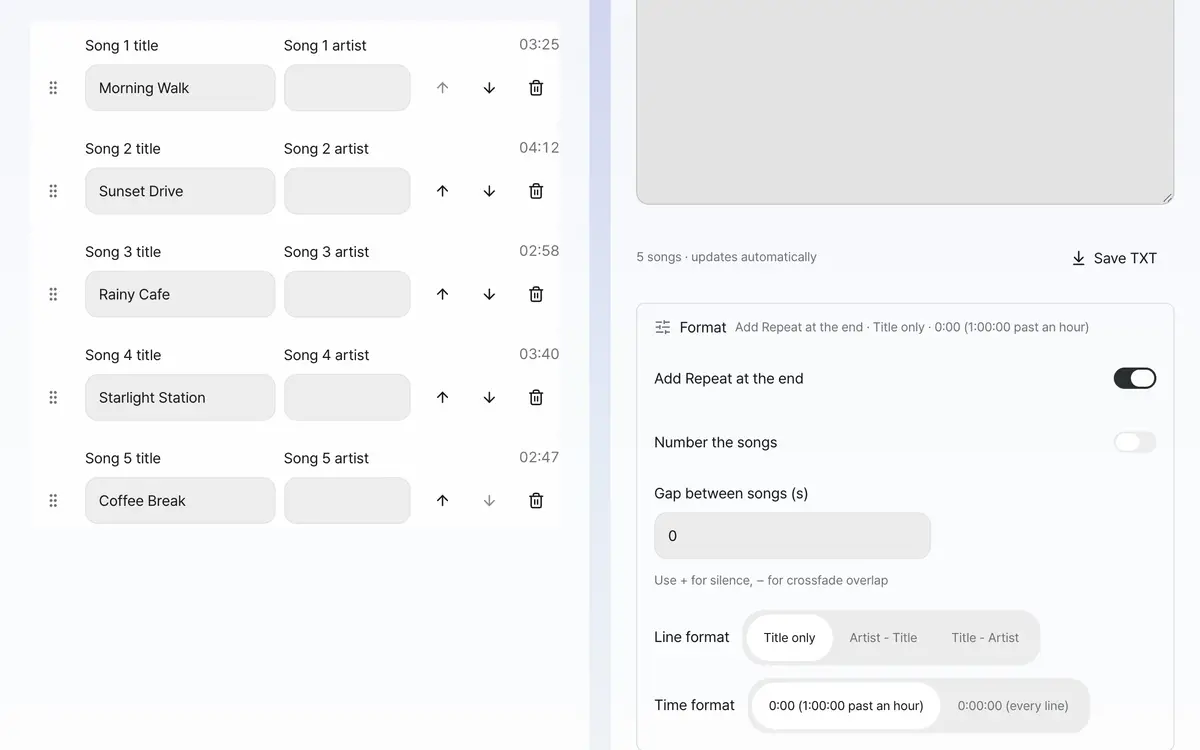 2. Set the song titles and order, and choose whether to repeat
